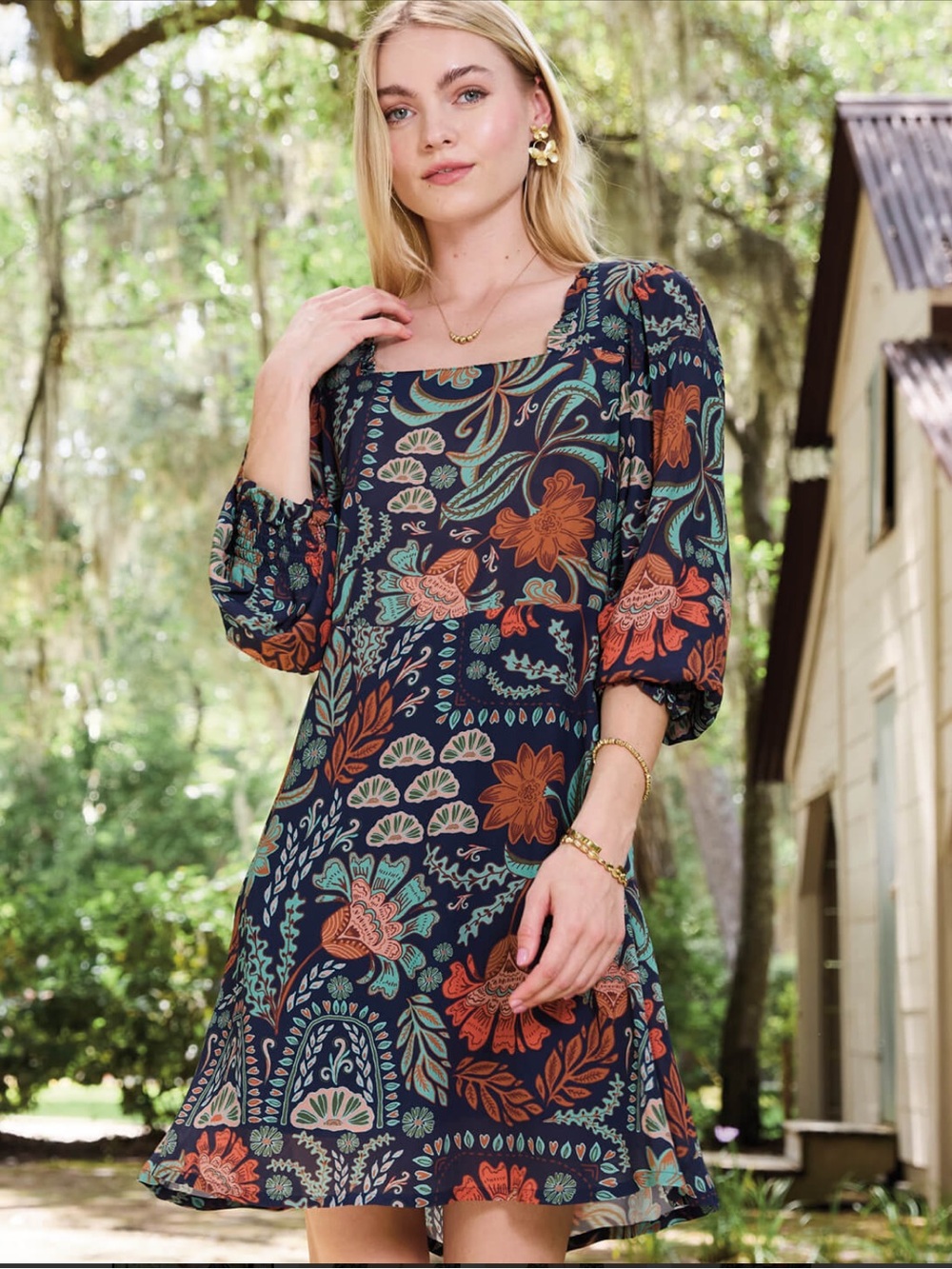 NWT Spartina 449 Lily Dress in Serpentine Boho Folk Navy Size L